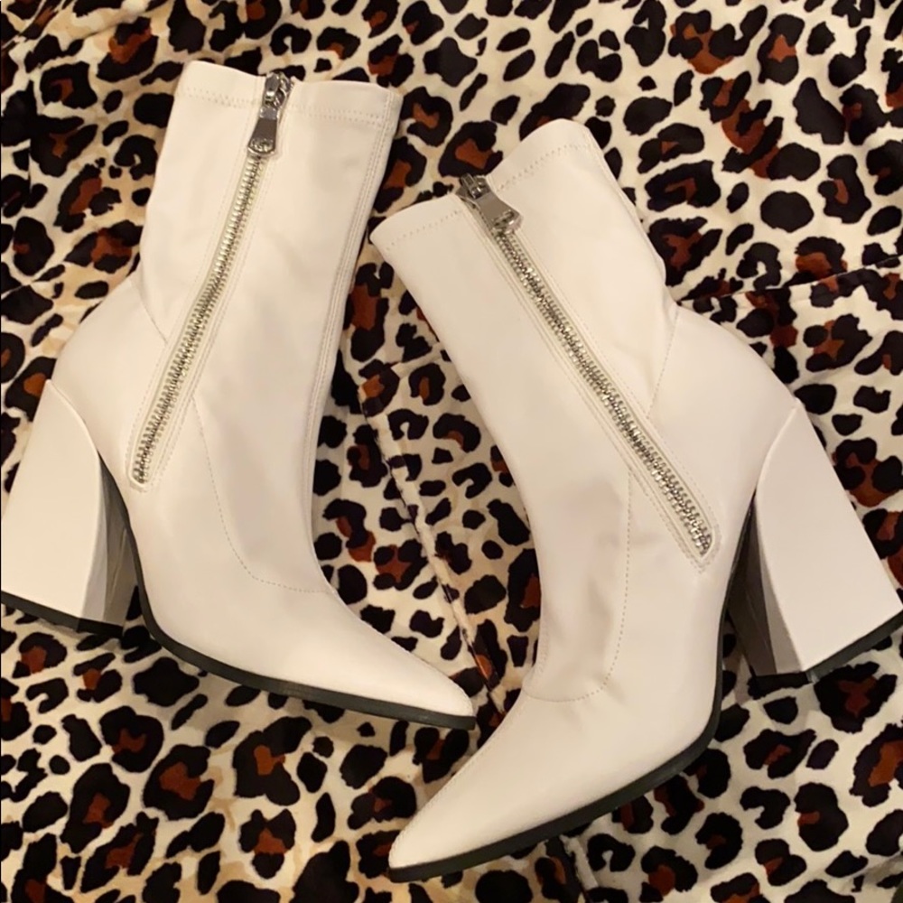 Public Desire White Ankle Leather Sock Boots